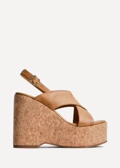 Linzi Santana Tan Faux Leather Crossover High Platform Cork Wedge