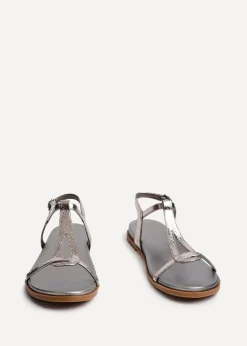 Linzi Saylor Pewter Faux Leather Textured T Bar Sandals