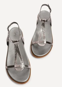 Linzi Saylor Pewter Faux Leather Textured T Bar Sandals