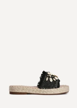 Linzi Seaside Black Raffia Shell Embellished Flat Slider