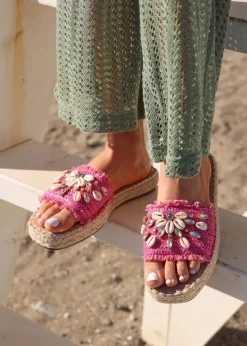 Linzi Seaside Pink Raffia Shell Embellished Flat Slider