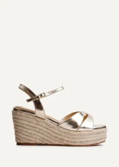 Linzi Sian Wide Fit Gold Faux Leather Linked Design Wedges