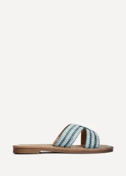 Linzi Solar Blue Raffia Link Design Flat Slider Sandal
