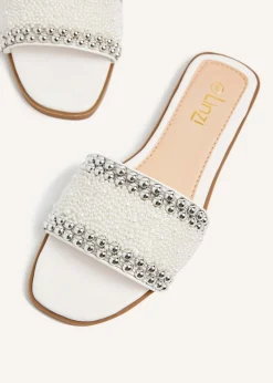 Linzi Stassie White Pearl Embellished Flat Sandals