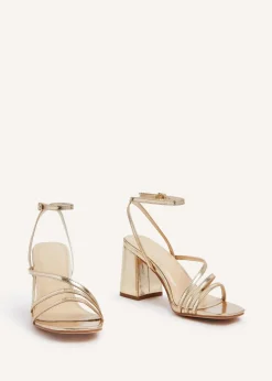 Linzi Status Gold Faux Leather Crossover Block Heeled Sandal