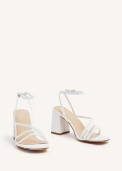 Linzi Status White Faux Leather Crossover Block Heeled Sandal