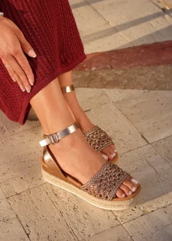 Linzi Sundown Pink Faux Leather Handwoven Espadrille Flatform Sandal