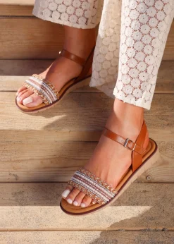 Linzi Topaz Wide Fit Tan Raffia Embellished Flat Sandals