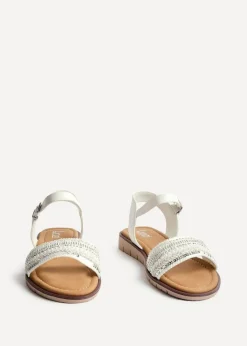 Linzi Topaz Wide Fit White Raffia Embellished Flat Sandals