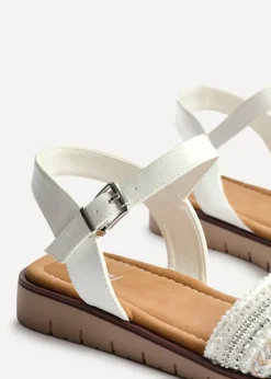 Linzi Topaz Wide Fit White Raffia Embellished Flat Sandals