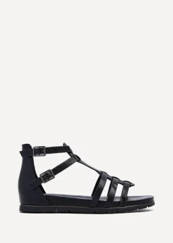 Linzi Tour Black Faux Leather Gladiator Style T Bar Sandals