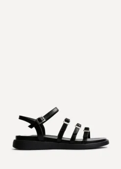 Linzi Twilight Black Faux Leather Triple Buckle Footbed Sandals