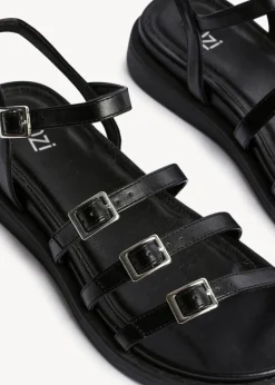 Linzi Twilight Black Faux Leather Triple Buckle Footbed Sandals