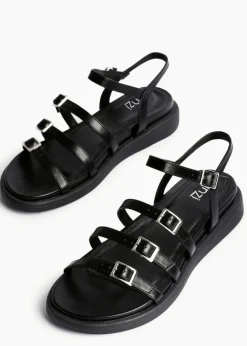 Linzi Twilight Black Faux Leather Triple Buckle Footbed Sandals