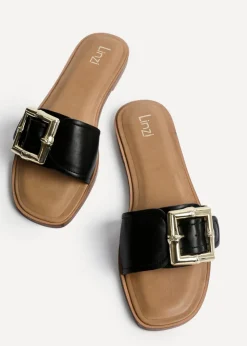 Linzi Tyla Black Faux Leather Flat Slider Sandal