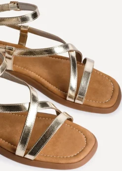 Linzi Valor Gold Faux Leather Strappy Flat Sandals