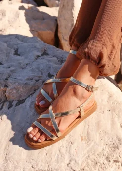 Linzi Valor Gold Faux Leather Strappy Flat Sandals