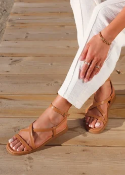 Linzi Valor Tan Faux Leather Strappy Flat Sandals