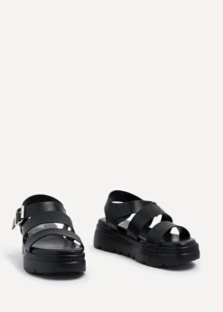 Linzi Venus Black Faux Leather Double Strap Flatform Sandal