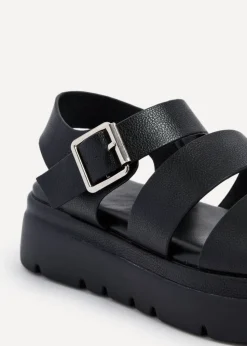 Linzi Venus Black Faux Leather Double Strap Flatform Sandal