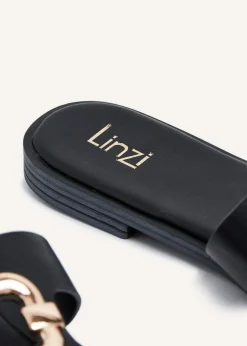 Linzi Vida Black Faux Leather Flat Sandal