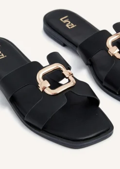 Linzi Vida Black Faux Leather Flat Sandal