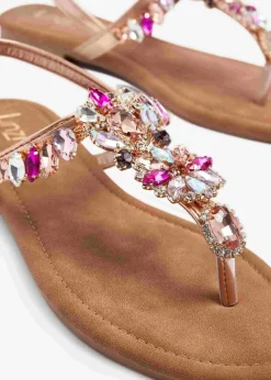 Linzi Viola Rose Gold Flat T Bar Large Diamante Trim Sandal