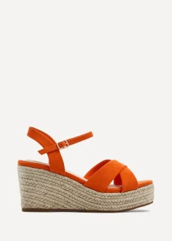 Linzi Vision Orange Faux Suede Crossover Rope Detail Wedge