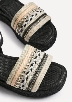 Linzi Vista Black Embellished Woven Espadrille Inspired Flatform