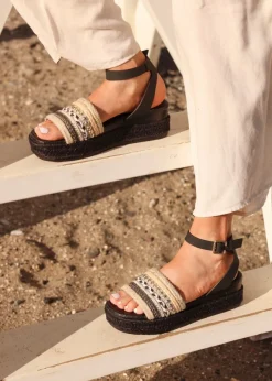 Linzi Vista Black Embellished Woven Espadrille Inspired Flatform