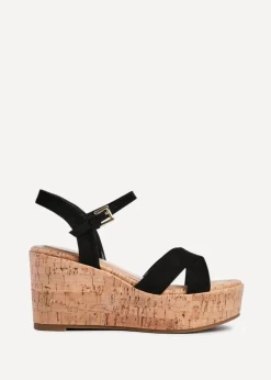 Linzi Vivid Black Faux Suede Crossover Cork Wedge