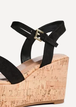 Linzi Vivid Black Faux Suede Crossover Cork Wedge