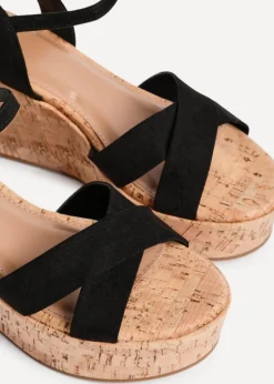 Linzi Vivid Black Faux Suede Crossover Cork Wedge