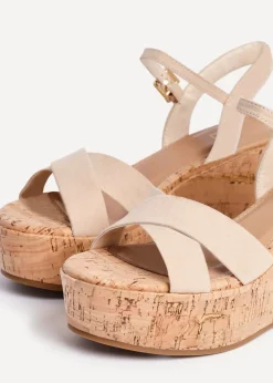 Linzi Vivid Sand Faux Suede Crossover Cork Wedge