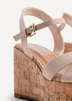 Linzi Vivid Sand Faux Suede Crossover Cork Wedge