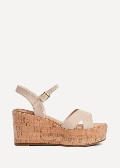 Linzi Vivid Sand Faux Suede Crossover Cork Wedge