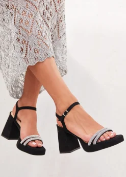 Linzi Xandra Black Faux Suede Diamante Platform Heels