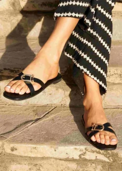 Linzi Yasmin Black Faux Leather Crossover Slider Sandal