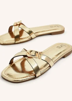 Linzi Yasmin Gold Faux Leather Crossover Slider Sandal