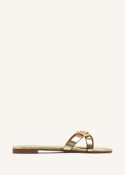 Linzi Yasmin Gold Faux Leather Crossover Slider Sandal