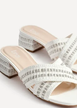 Linzi Zadie White Raffia Embellished Block Heel Mule Sandal