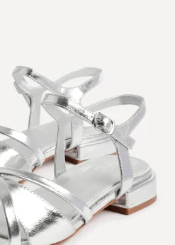 Linzi Zenna Silver Faux Leather Strappy Low Block Heeled Sandals