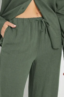 Long Tall Sally Khaki Green Linen Tie Waist Trousers