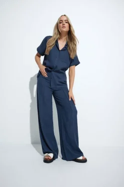 Long Tall Sally Navy Blue Linen Pleated Wide Leg Trousers