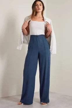 Long Tall Sally Navy Blue Linen Pleated Wide Leg Trousers