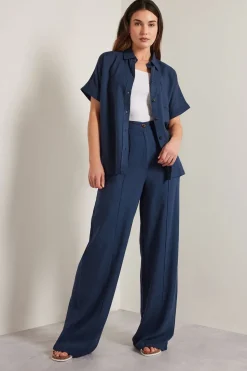 Long Tall Sally Navy Blue Linen Pleated Wide Leg Trousers