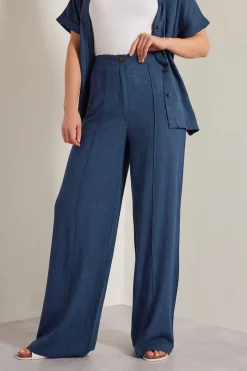 Long Tall Sally Navy Blue Linen Pleated Wide Leg Trousers