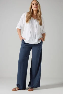 Long Tall Sally Navy Blue Linen Tie Waist Trousers