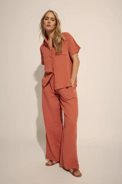 Long Tall Sally Rust Orange Cotton Cheescloth Wide Leg Trousers