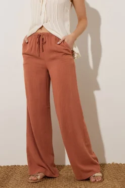 Long Tall Sally Rust Orange Linen Tie Waist Trousers